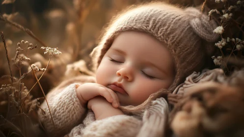 Sleeping infant wrapped in neutral knit textiles surrounded by dried botanicals