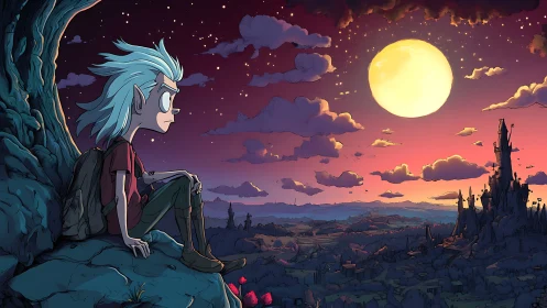 Lonely traveler watches full moon above distant fantasy city