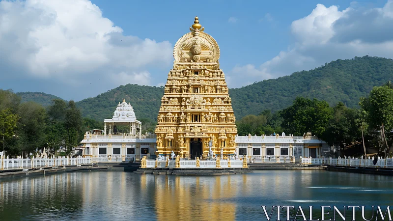 Symmetrical Hindu temple gopuram with reflective water tank foreground