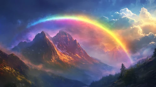 Prismatic arc crowns dream-forged mountains in stormy light.