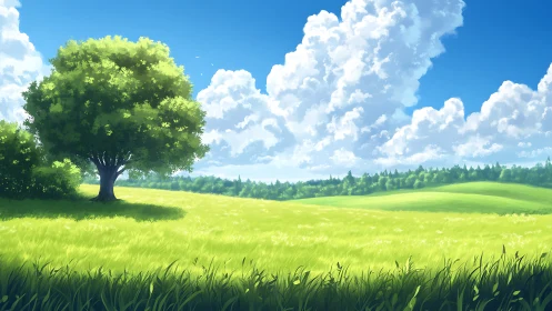 Summer meadow tree under expansive cumulus sky. Period.