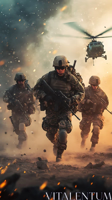Armed soldiers advancing on dusty battlefield with helicopter.