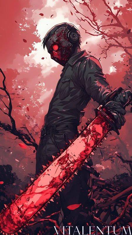 Midnight mask and crimson chainsaw in a haunted grove.