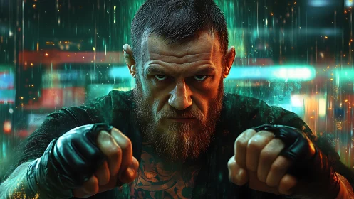 Fierce fighter steps forward, fists raised in glowing rain