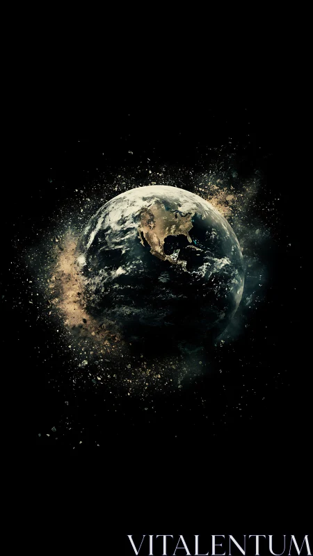 Planet Earth rendered in dark space with debris dispersion
