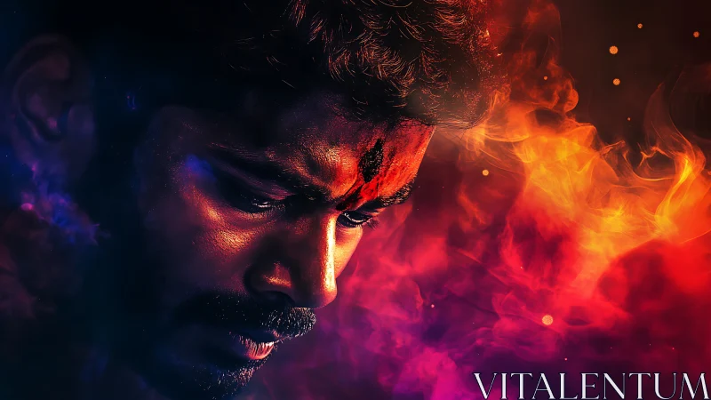 Intense male portrait surrounded by vivid swirling flames.