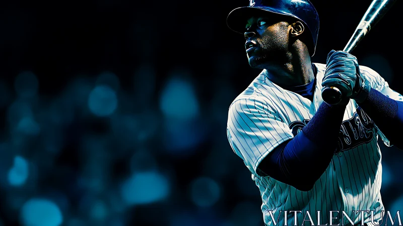 Baseball batter in striped uniform under stadium lights.