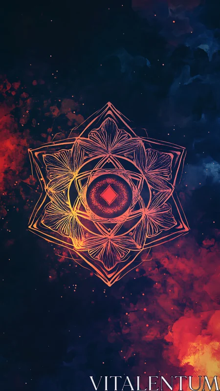 Radiant geometric mandala glows within a cosmic nebula backdrop.