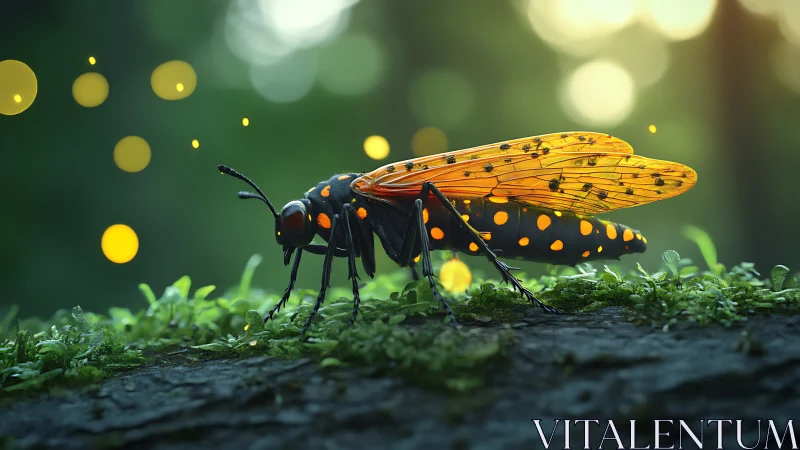 Bioluminescent beetle rendered in shallow-depth forest macro scene