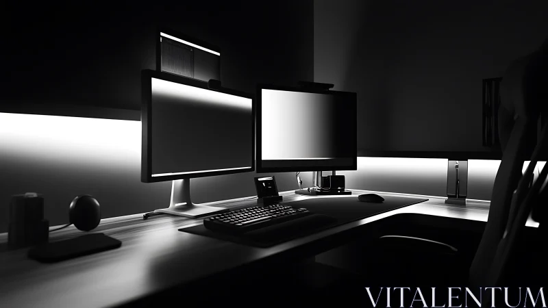 Minimal dual monitor workstation glows in moody monochrome
