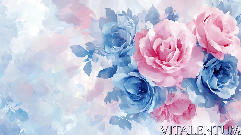 Blue and Pink Peonies in Soft Watercolor Style