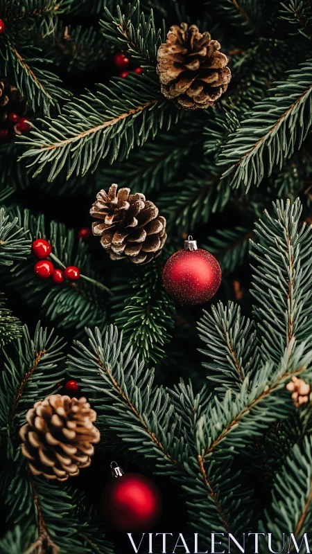 Festive pine branches glow with red baubles and warm cones