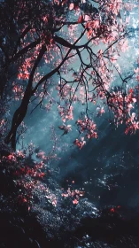 Crimson forest canopy cuts through misty cyan light.