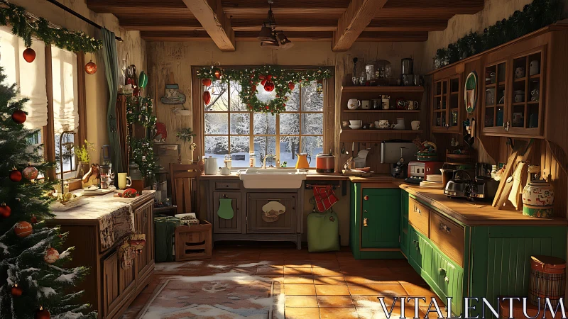 Rustic kitchen interior with winter and festive decor.