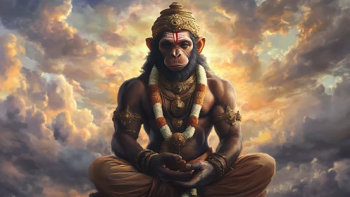 Simian deity in meditative pose under dramatic cloudscape