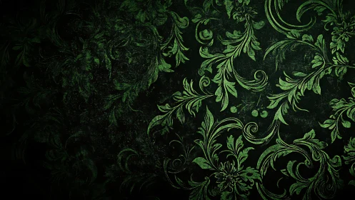 Dark green baroque floral damask with distressed textured noise