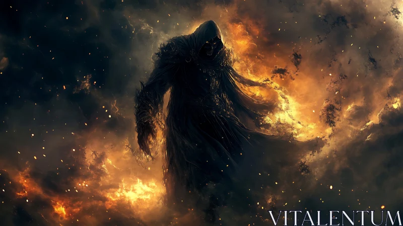 Dark hooded wraith walking through swirling firestorm.