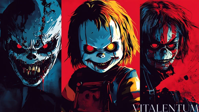 Three demonic clown dolls stare forward with glowing eyes