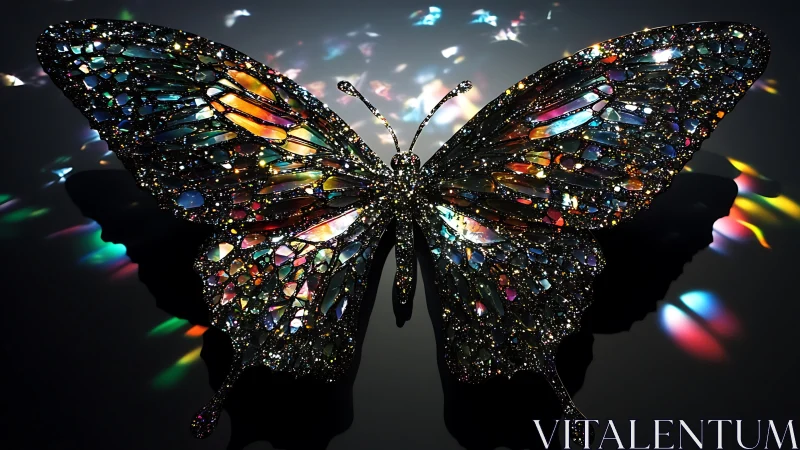 Iridescent gemstone butterfly sculpture with refracted light display