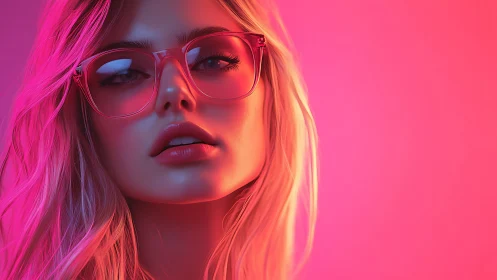 Female portrait with pink eyewear under neon lighting.