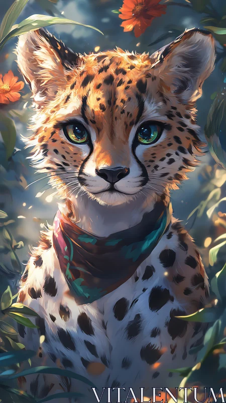 Anthropomorphic cheetah portrait in floral bokeh lighting