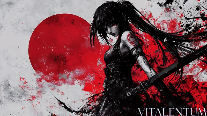 Dark katana warrior stands before a blood-red rising sun