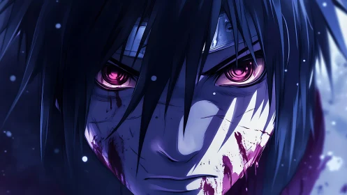 Intense anime warrior close-up with glowing eyes.