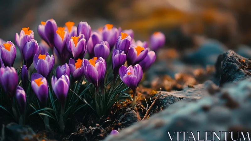 Purple Crocuses Blooming on Rocky Alpine Terrain with Golden Centers.