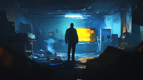 Figure in dim industrial room before glowing monitor screen.