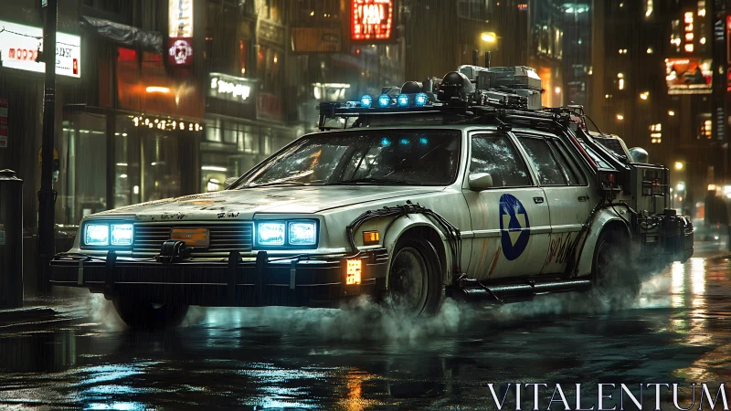 Retro time-patrol taxi hums through neon-soaked midnight rain