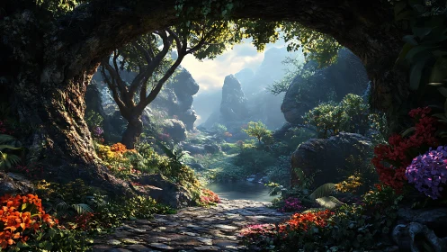 Lush fantasy forest pathway under natural rock archway.