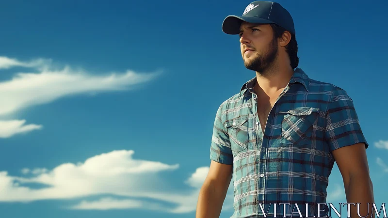 Sunlit plaid-shirt man under deep cyan open sky horizon.