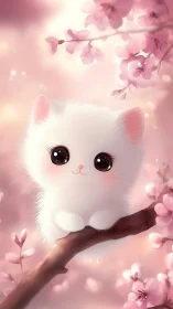 Anime pastel kitten on sakura branch, soft-focus composition.