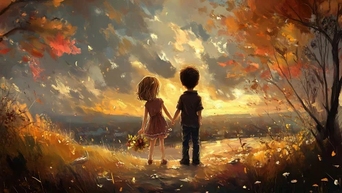 Two Friends Hold Hands as Golden Light Embraces Their Moment.