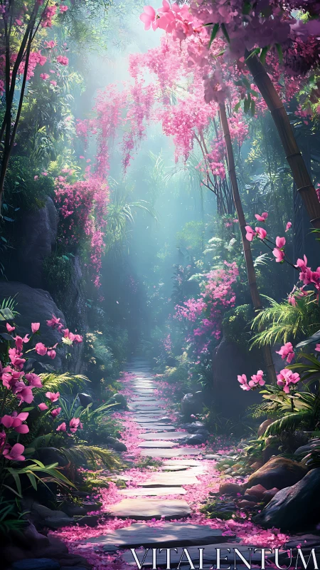 Enchanted stone path through radiant pink blossom forest.