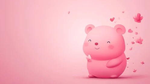 Blushing pink bear cradles fluttering hearts and petals softly.