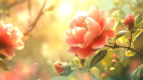 Coral peonies bathed in warm golden sunlight and bokeh