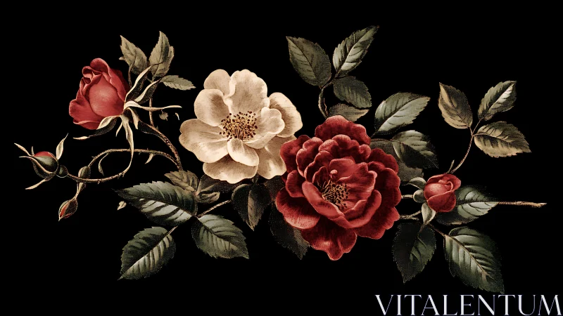 Classical botanical arrangement of red and cream roses on black background.