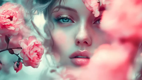 Hyper-detailed female portrait framed by shallow-depth floral bokeh