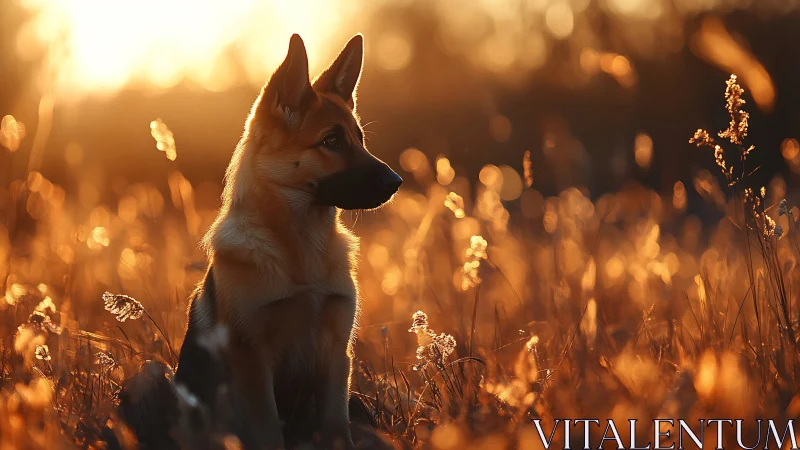 German shepherd sits in glowing sunset meadow of soft light