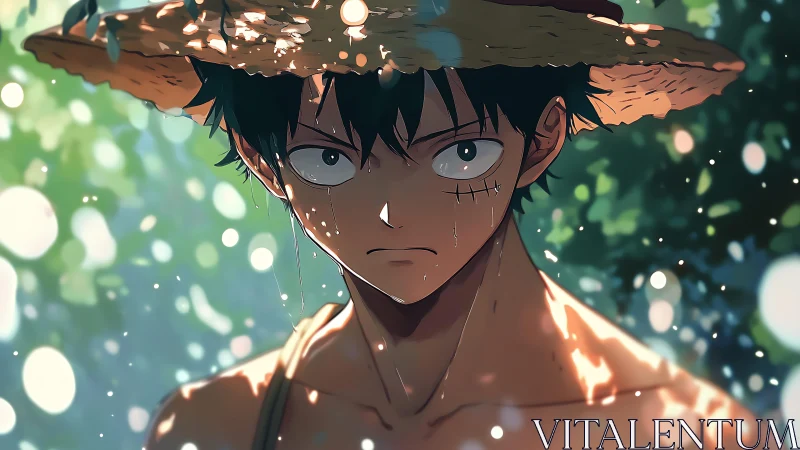 Determined anime boy in straw hat stands beneath glowing sun