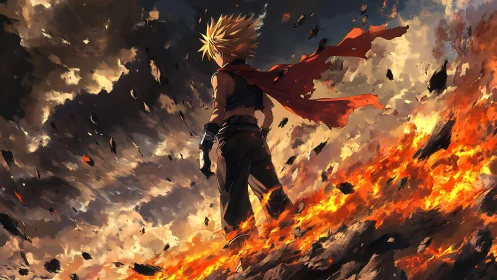 Figure with red scarf standing over burning ground in storm.