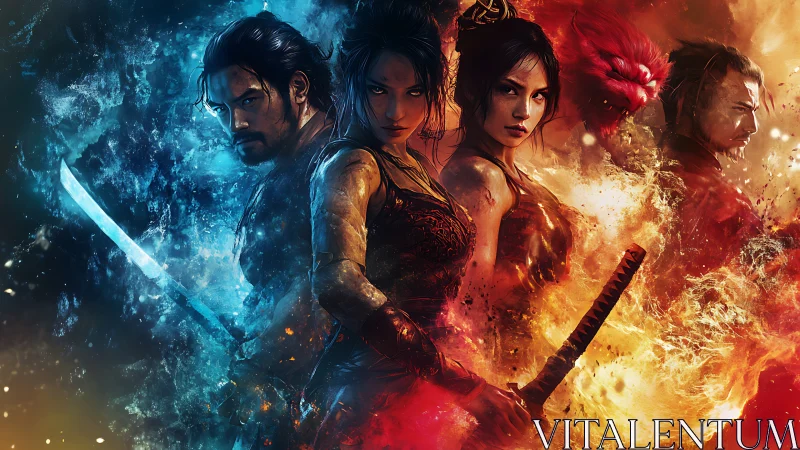 Elemental samurai warriors in dual-toned fire and ice tableau.