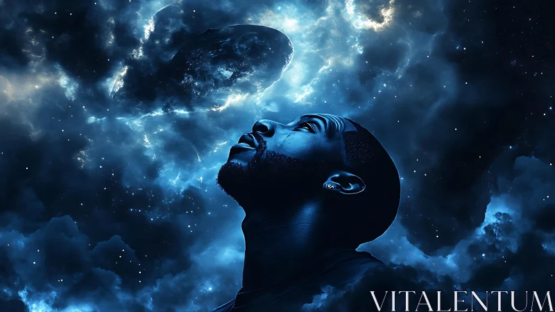 Cosmic-profile portrait in deep blue celestial nebulae.