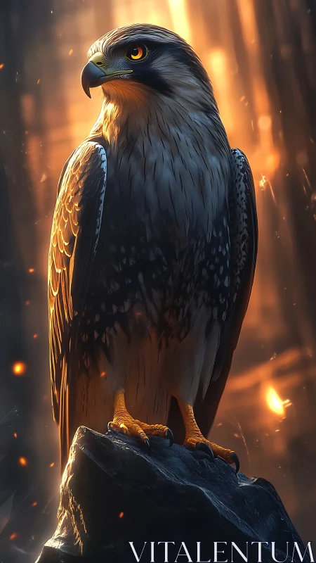 Raptor perched on rock in vertically lit forest scene.