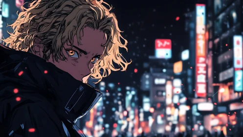Blonde vigilante in neon-lit urban corridor, anime nocturne.