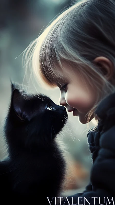 Girl and Black Cat Share a Tender Moment.