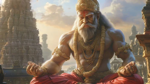 Digital painting of meditative sage amid ornate temple complex.