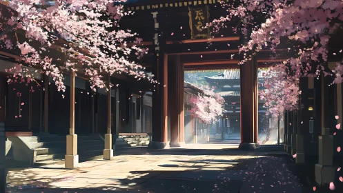 Temple courtyard under soft spring cherry blossoms at dawn.
