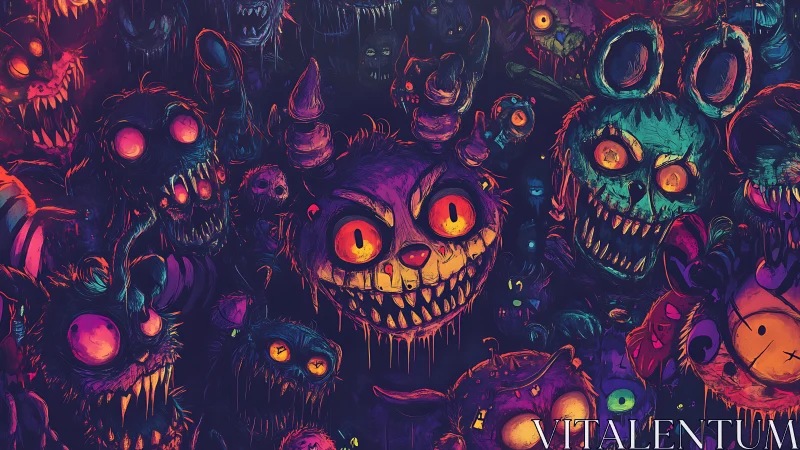 Neon-lit grotesque animatronic horde with dripping textures